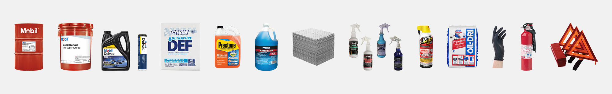 Graphic showing Mobil Delvac, DEF fluid, oil and lubricants, shop supplies, heavy-duty truck parts, and truck wash.